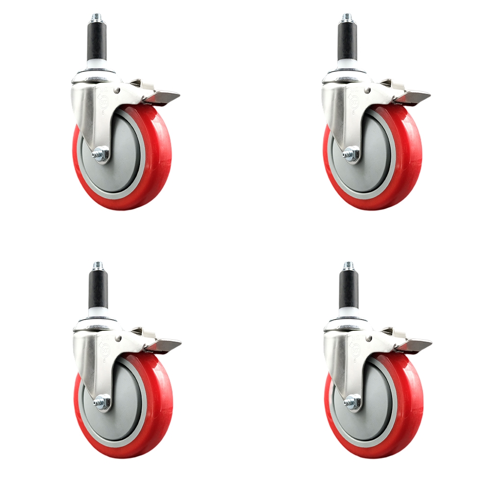 Polyurethane Swivel Stem Caster with 5 in. Red Caster Wheels, 1 in. Expanding Stems - 316 Stainless Steel Casters - Set of 4