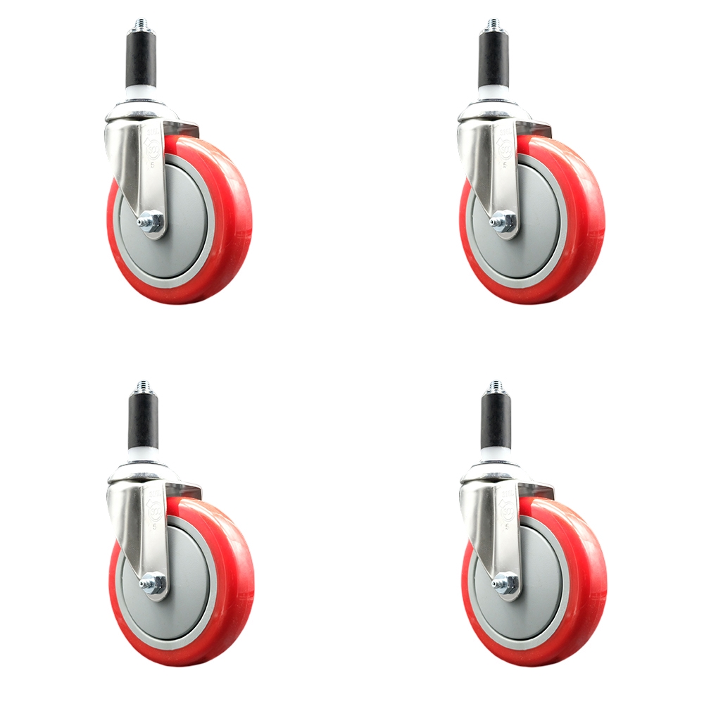 Polyurethane Swivel Stem Caster with 5 in. Red Caster Wheels, 1.25 in. Expanding Stems - 316 Stainless Steel Casters - Set of 4