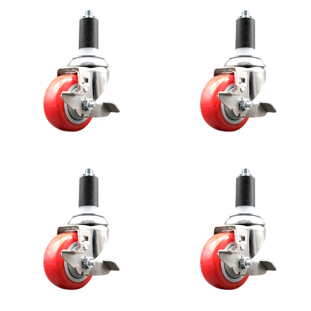 Polyurethane Swivel Stem Caster with 3.5 in. Red Caster Wheels, 1.38 in. Expanding Stems - 316 Stainless Steel Casters - Set of 4