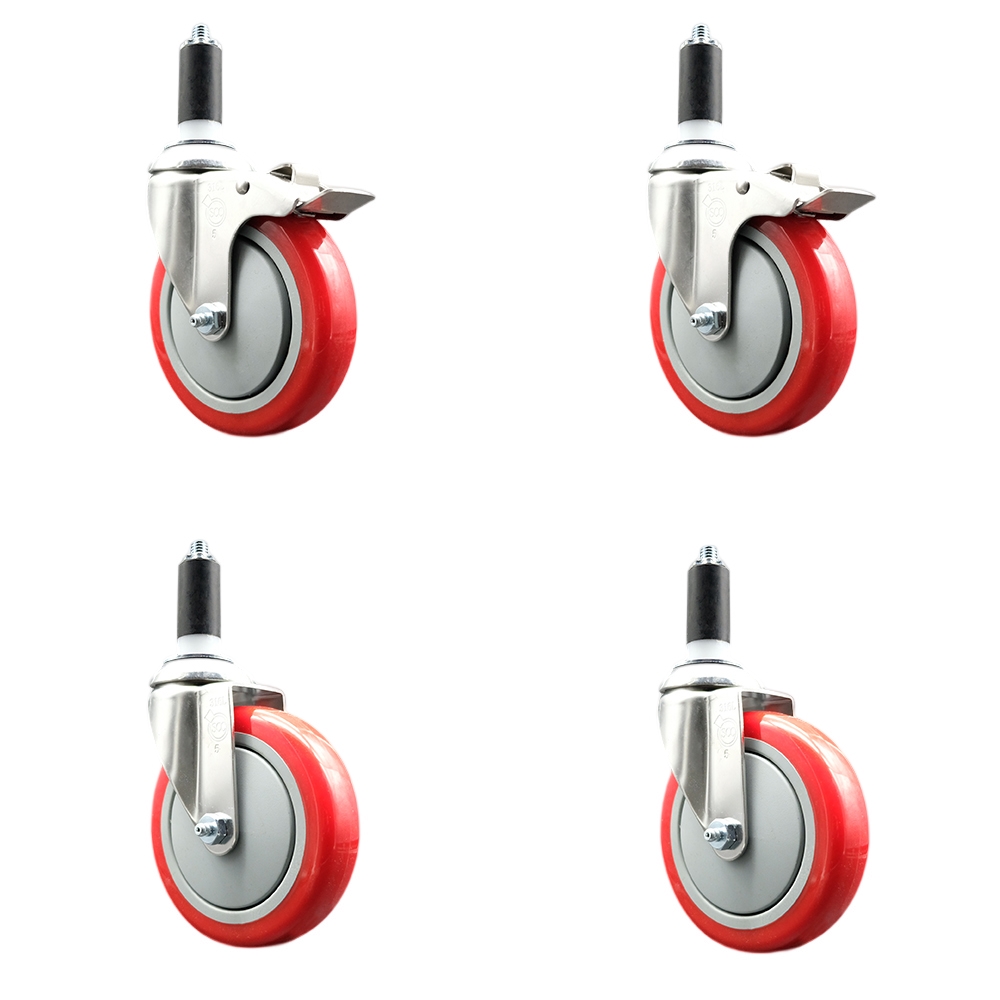 Polyurethane Swivel Stem Caster with 5 in. Red Caster Wheels, 1.38 in. Expanding Stem - 316 Stainless Steel Casters - Set of 4