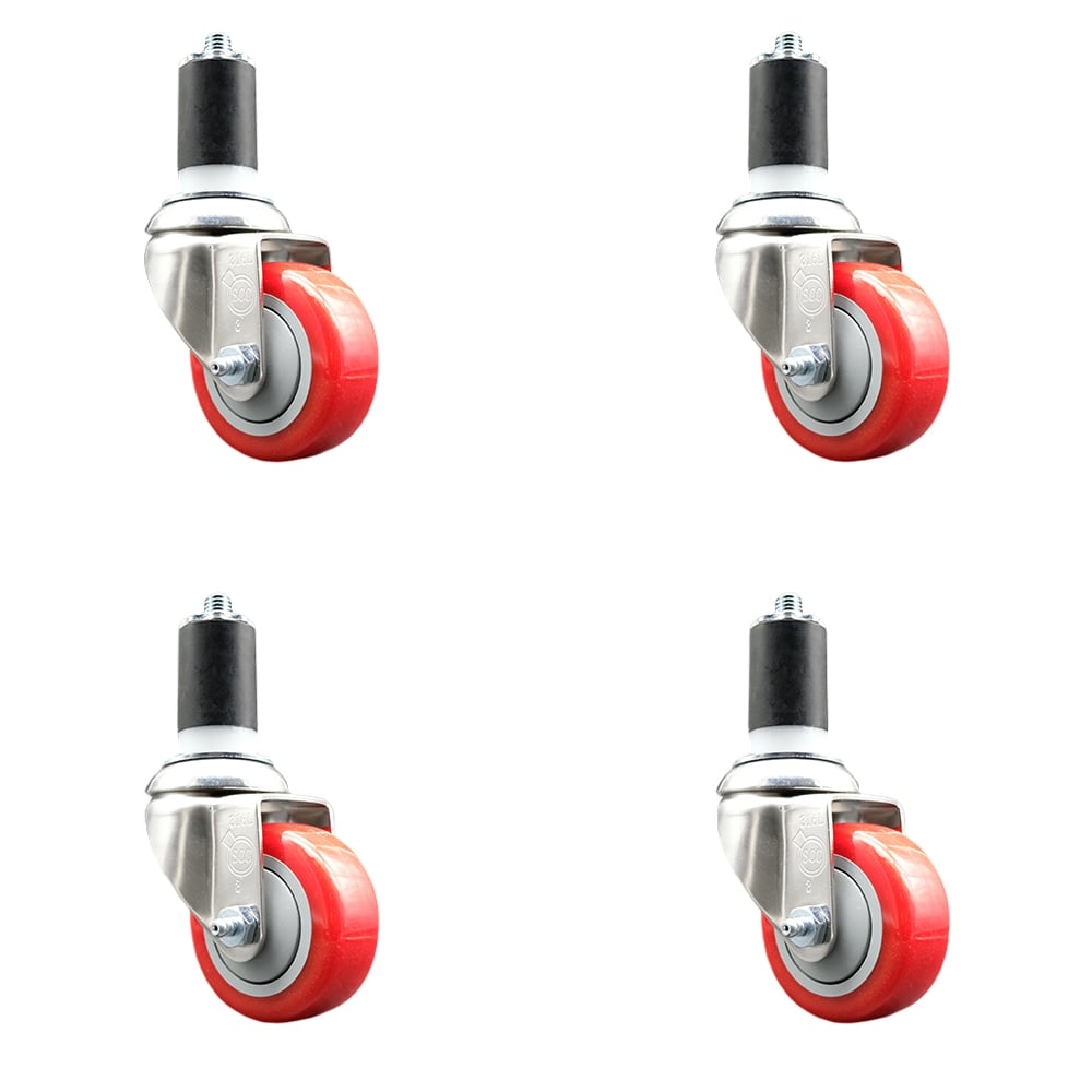 Polyurethane Swivel Stem Caster with 3.5 in. Red Caster Wheels, 1.5 in. Expanding Stems - 316 Stainless Steel Casters - Set of 4