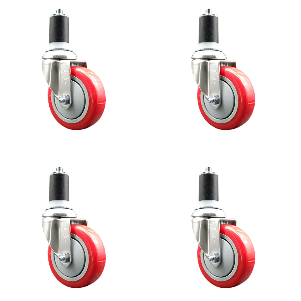 Polyurethane Swivel Stem Caster with 4 in. Red Caster Wheels, 1.5 in. Expanding Stems - 316 Stainless Steel Casters - Set of 4