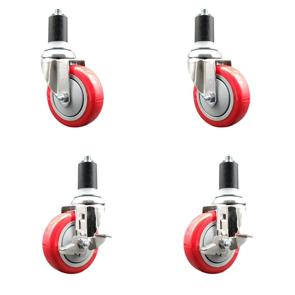 Polyurethane Swivel Stem Caster with 4 in. Red Caster Wheels, 1.5 in. Expanding Stems - 316 Stainless Steel Casters - Set of 4