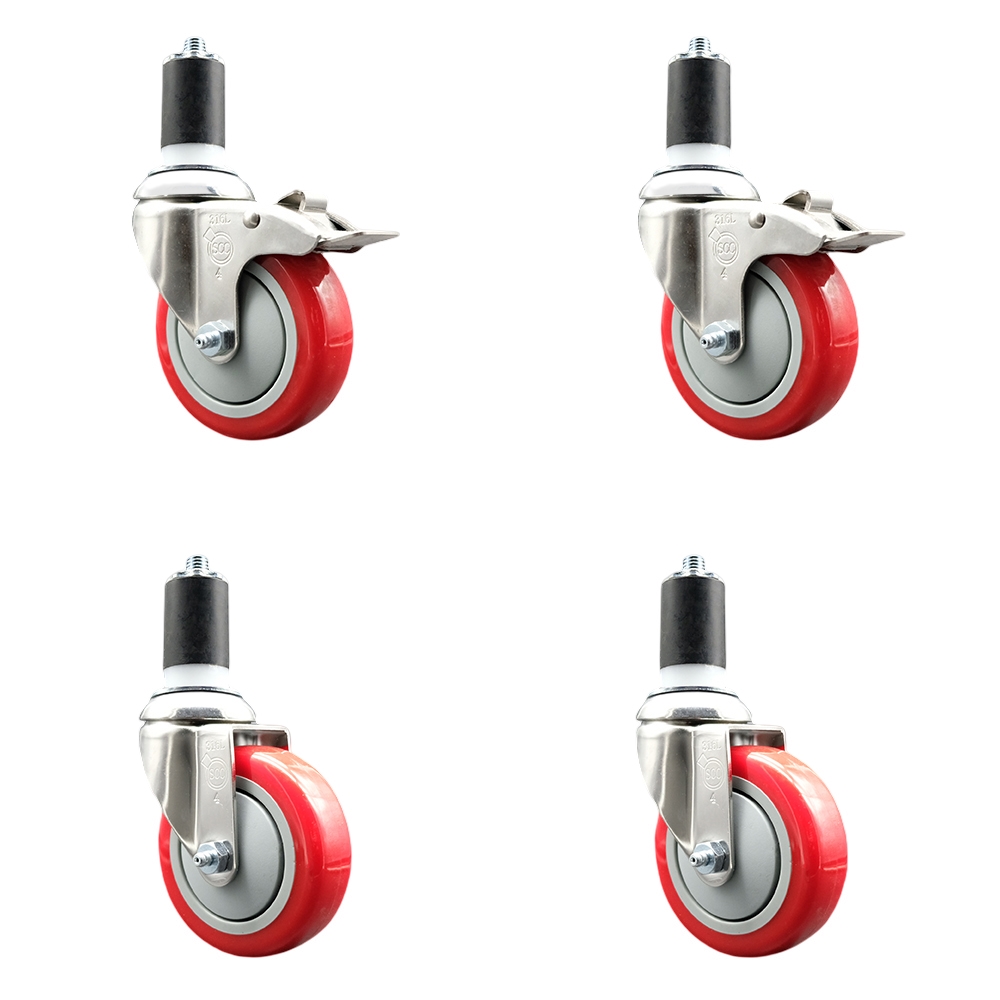 Polyurethane Swivel Stem Caster with 4 in. Red Caster Wheels, 1.5 in. Expanding Stem - 316 Stainless Steel Casters - Set of 4