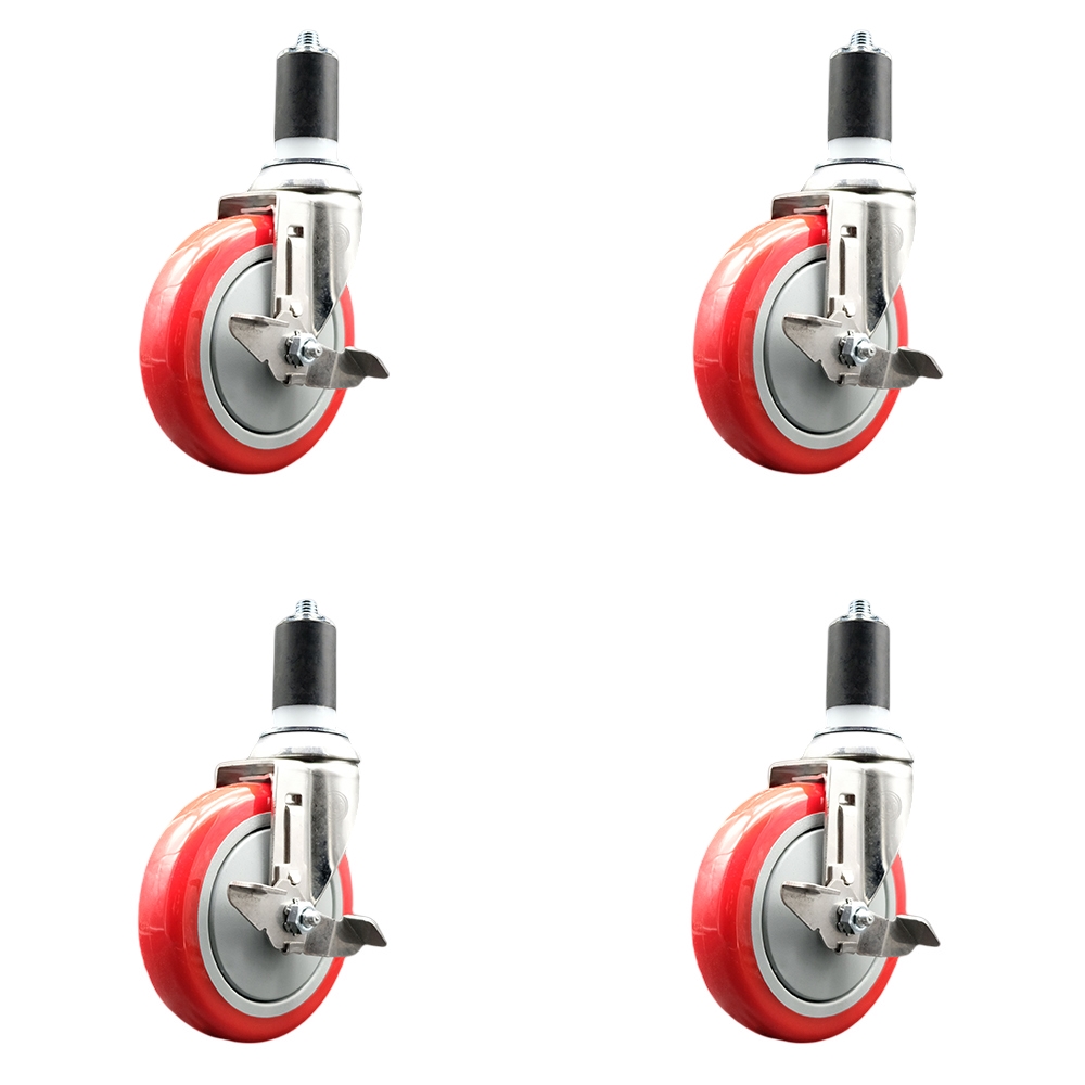 Polyurethane Swivel Stem Caster with 5 in. Red Caster Wheels, 1.5 in. Expanding Stems - 316 Stainless Steel Casters - Set of 4