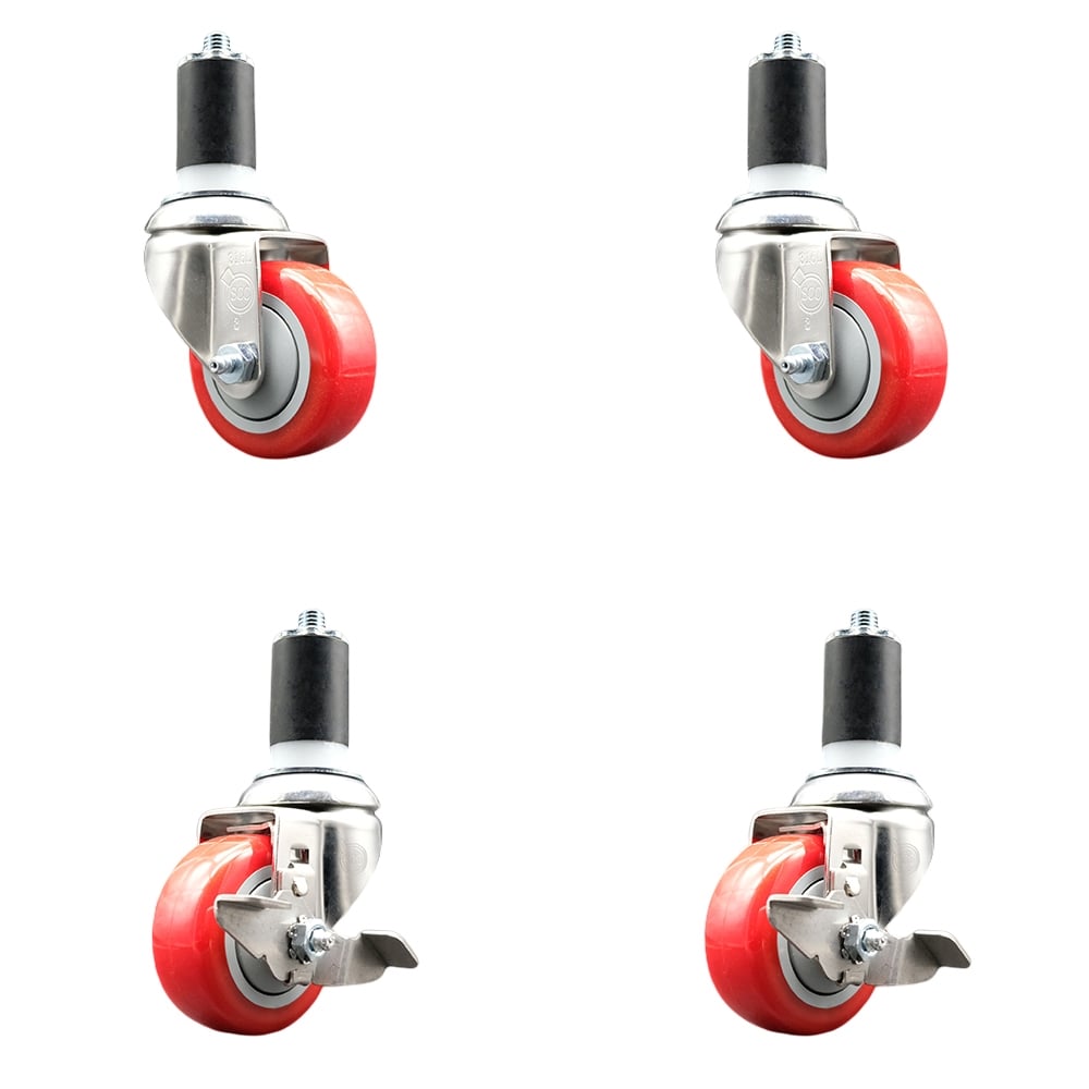 Polyurethane Swivel Stem Caster with 3 in. Red Caster Wheels, 1.63 in. Expanding Stems - 316 Stainless Steel Casters - Set of 4