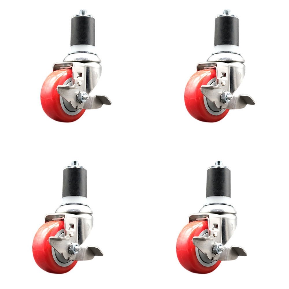 Polyurethane Swivel Stem Caster with 3 in. Red Caster Wheels, 1.87 in. Expanding Stems - 316 Stainless Steel Casters - Set of 4