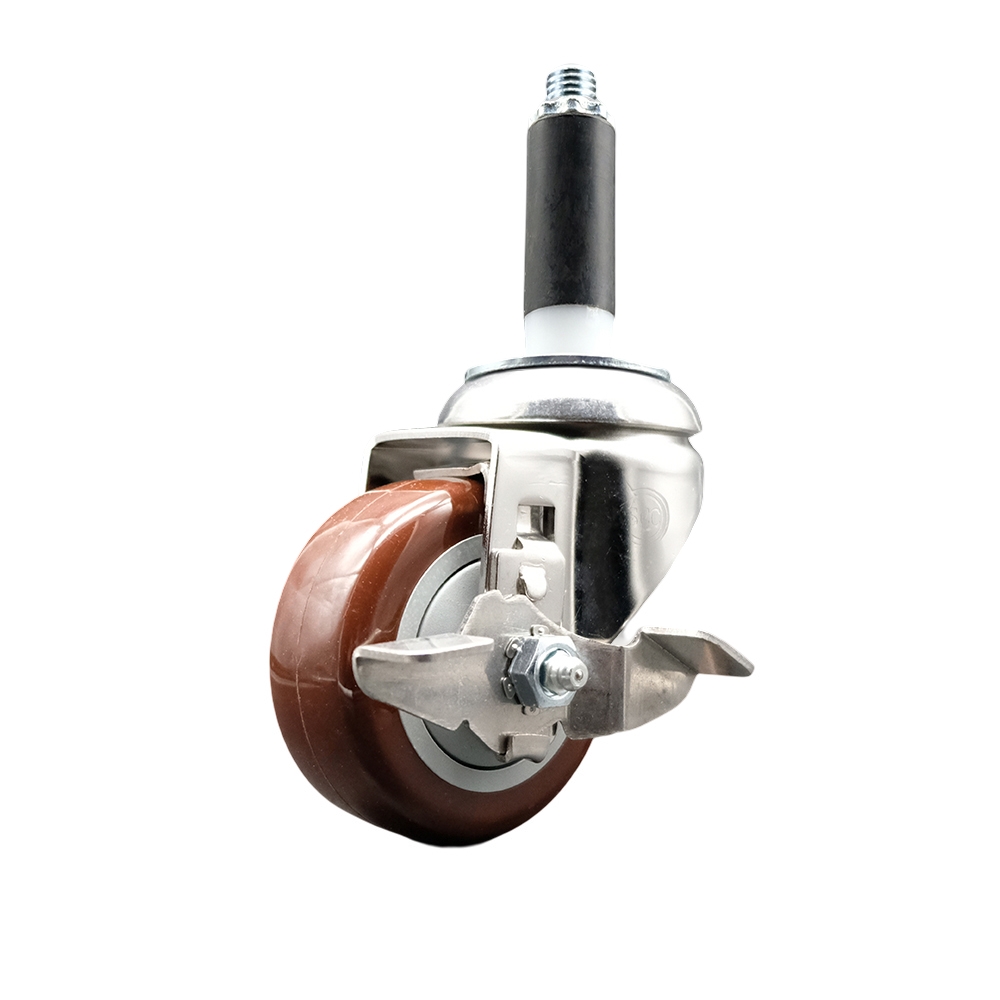 Polyurethane Swivel Stem Caster with 3 in. Maroon Caster Wheels & Top Lock Brake, 0.75 in. Expanding Stem - 316 Stainless Steel Caster