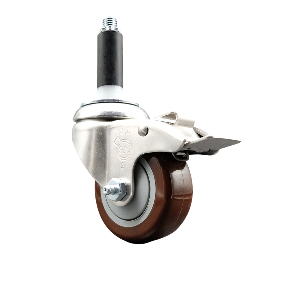 Polyurethane Swivel Stem Caster with 3.5 in. Maroon Caster Wheels & Total Lock Brake, 0.75 in. Expanding Stem - 316 Stainless Steel Caster