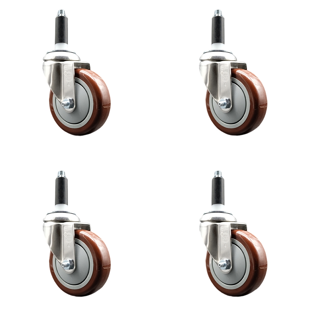 Polyurethane Swivel Stem Caster with 4 in. Maroon Caster Wheels, 0.75 in. Expanding Stems - 316 Stainless Steel Casters - Set of 4