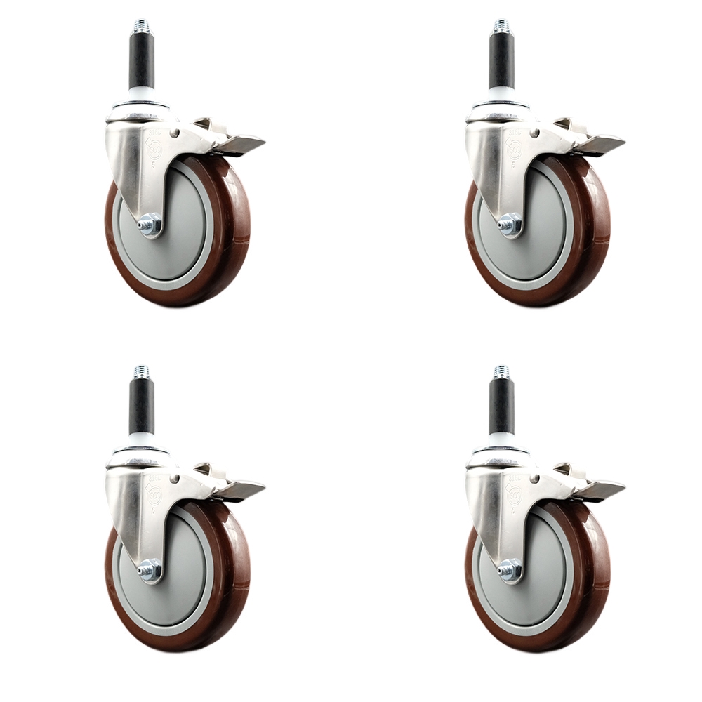 Polyurethane Swivel Stem Caster with 5 in. Maroon Caster Wheels, 0.75 in. Expanding Stems - 316 Stainless Steel Casters - Set of 4