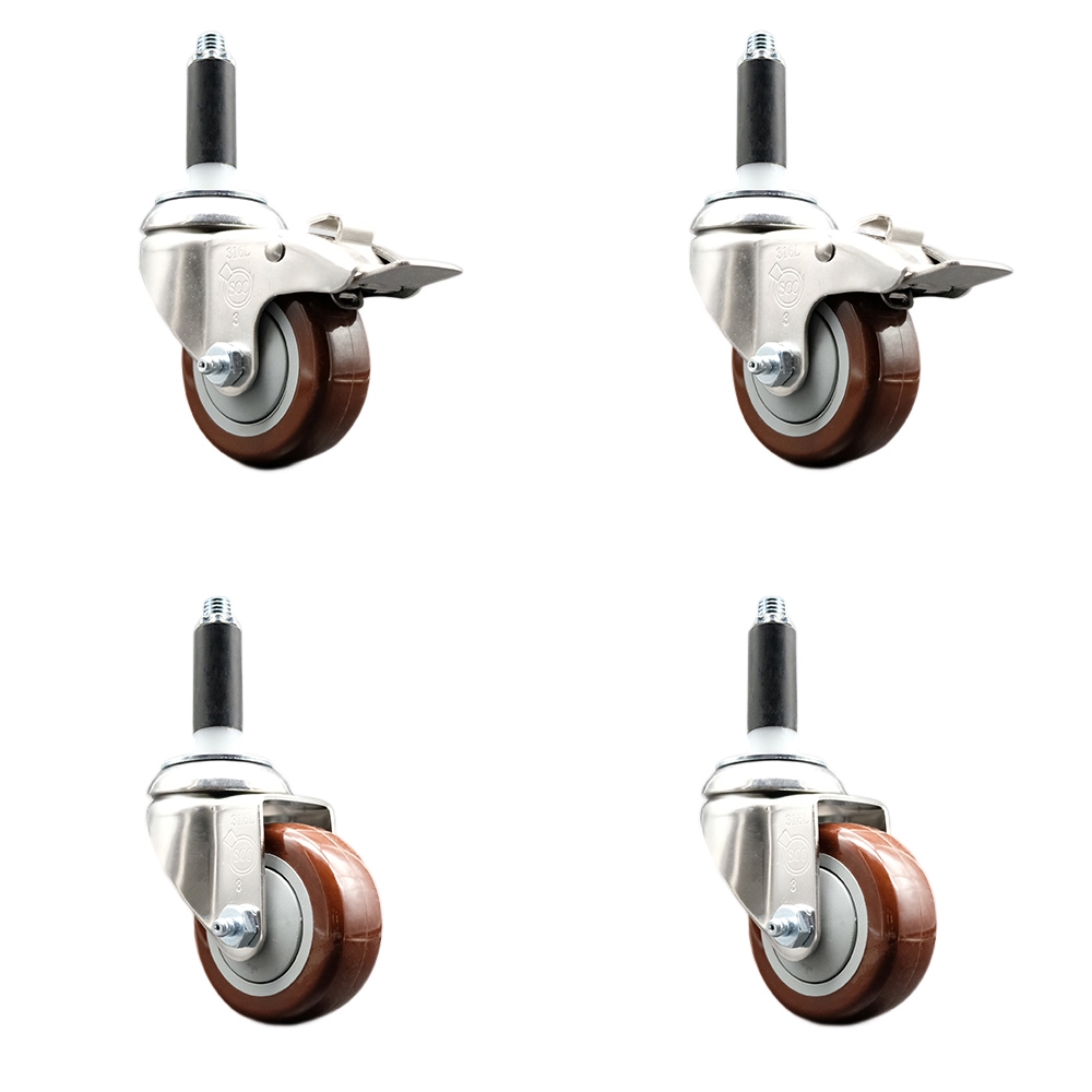 Polyurethane Swivel Stem Caster with 3.5 in. Maroon Caster Wheels, 0.87 in. Expanding Stem - 316 Stainless Steel Casters - Set of 4