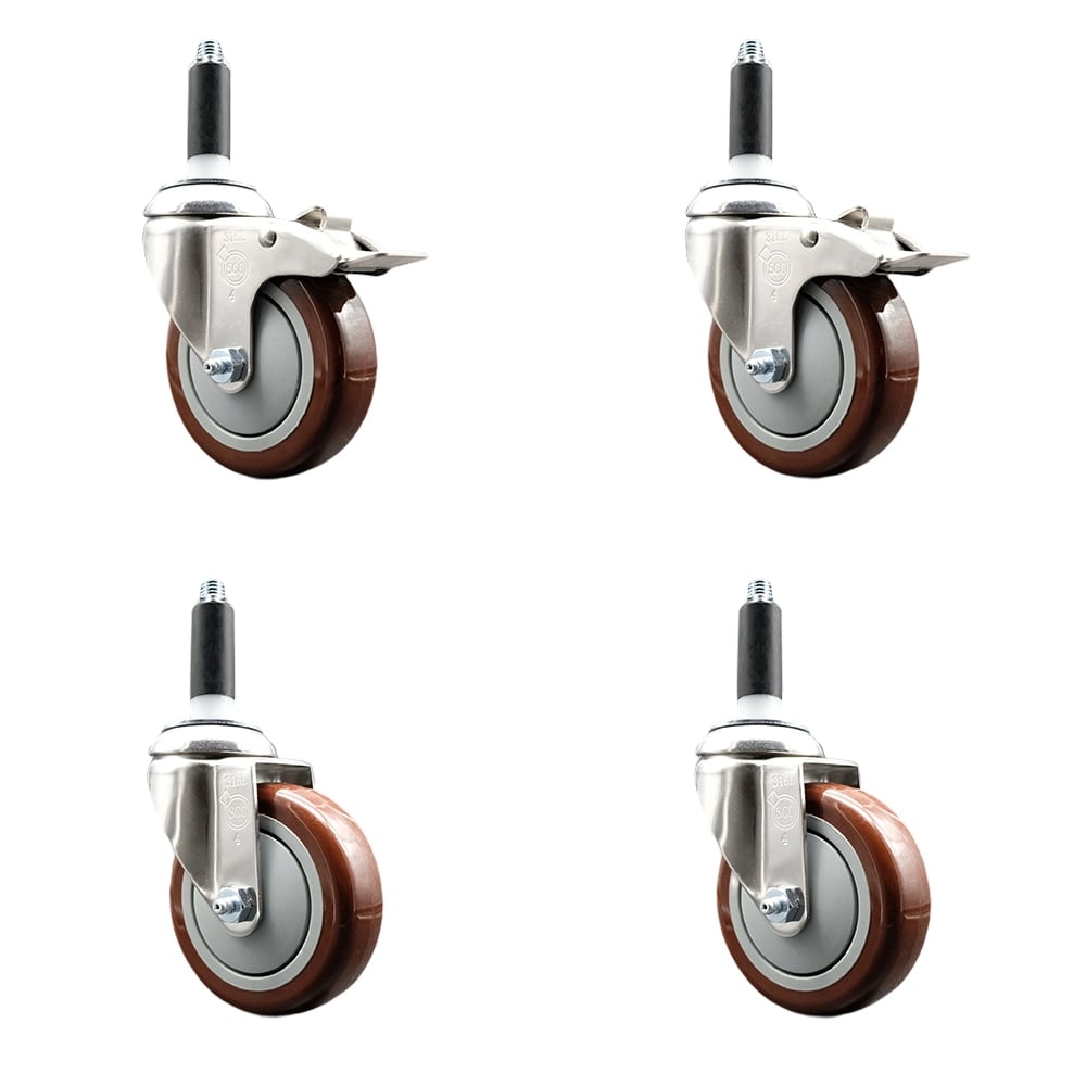 Polyurethane Swivel Stem Caster with 4 in. Maroon Caster Wheels, 0.87 in. Expanding Stem - 316 Stainless Steel Casters - Set of 4