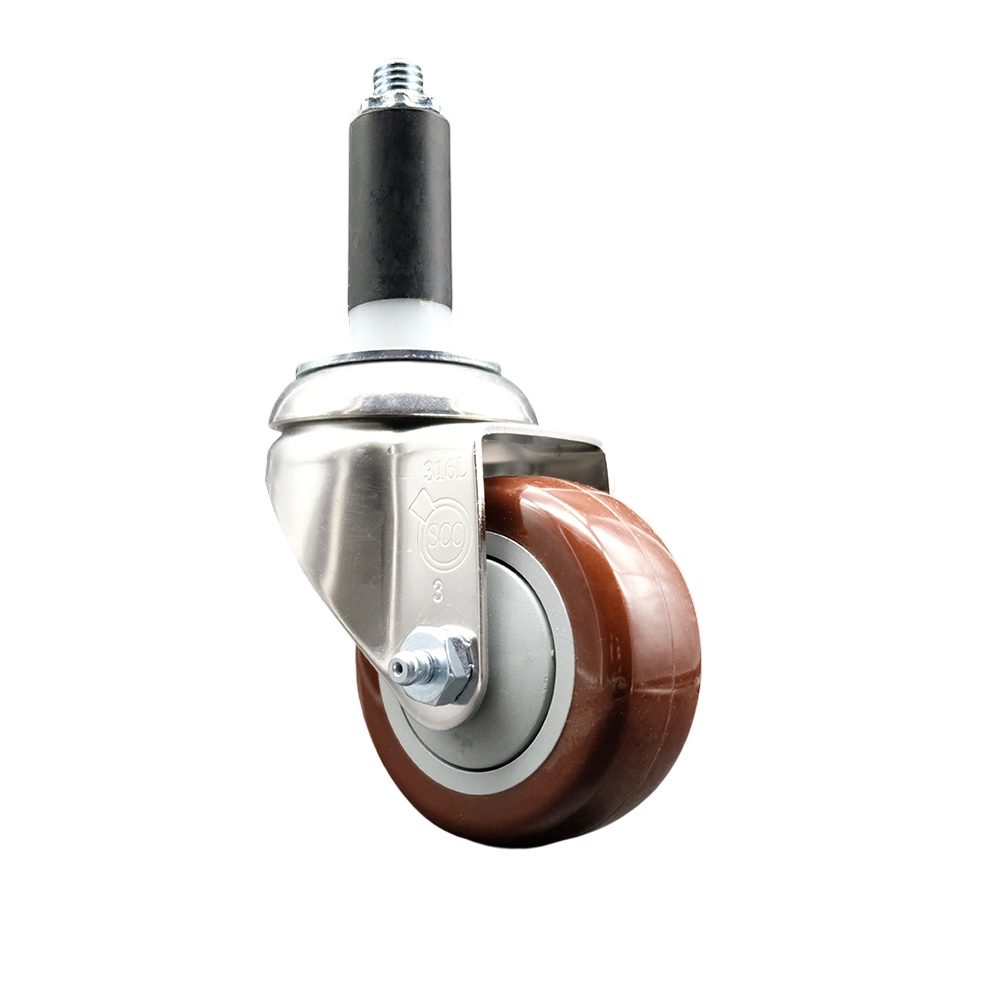 Polyurethane Swivel Stem Caster with 3.5 in. Maroon Caster Wheels, 1 in. Expanding Stem - 316 Stainless Steel Caster