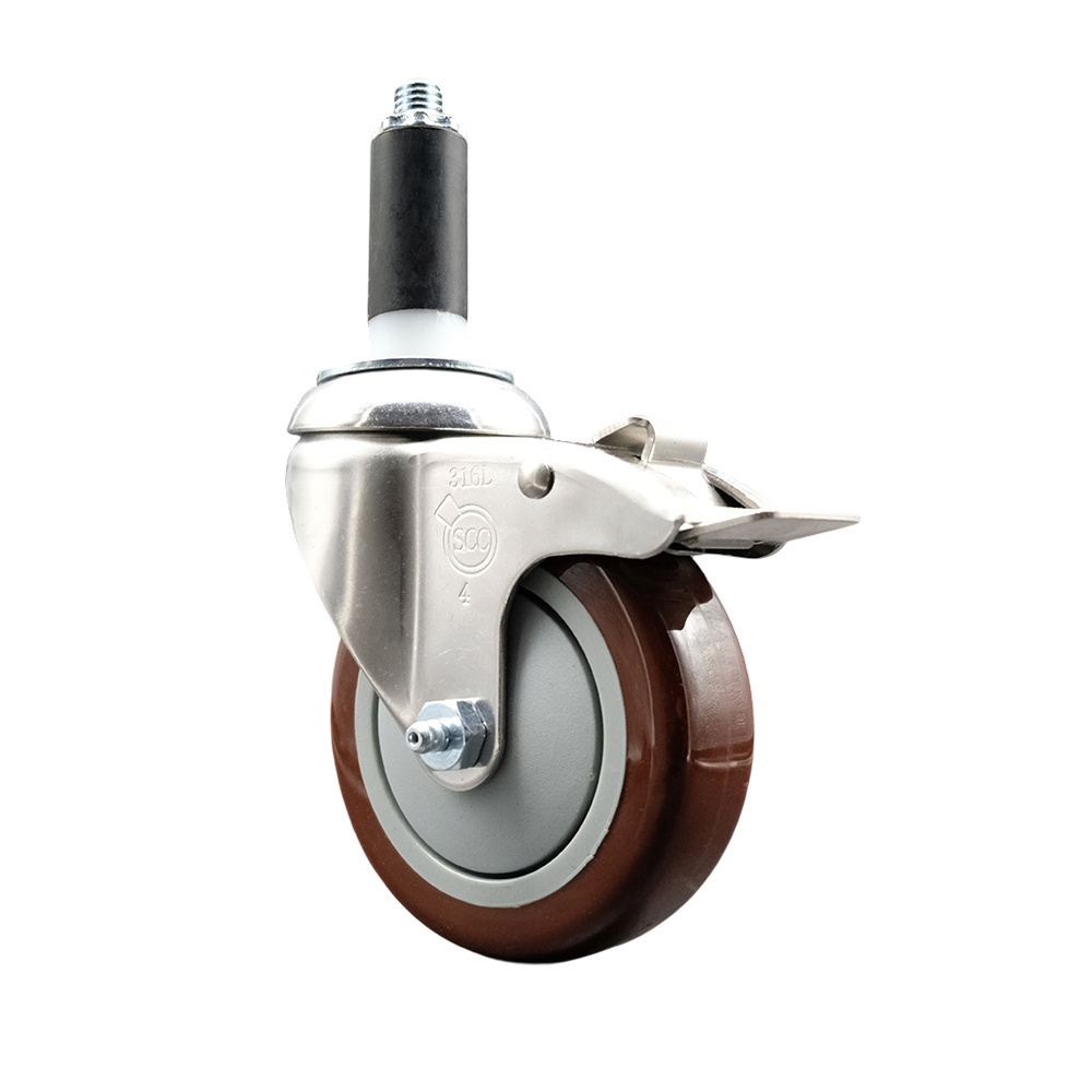 Polyurethane Swivel Stem Caster with 4 in. Maroon Caster Wheels & Total Lock Brake, 1 in. Expanding Stem - 316 Stainless Steel Caster