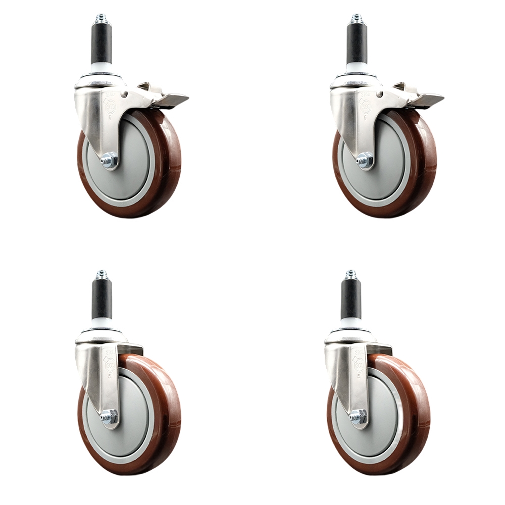 Polyurethane Swivel Stem Caster with 5 in. Maroon Caster Wheels, 1 in. Expanding Stem - 316 Stainless Steel Casters - Set of 4