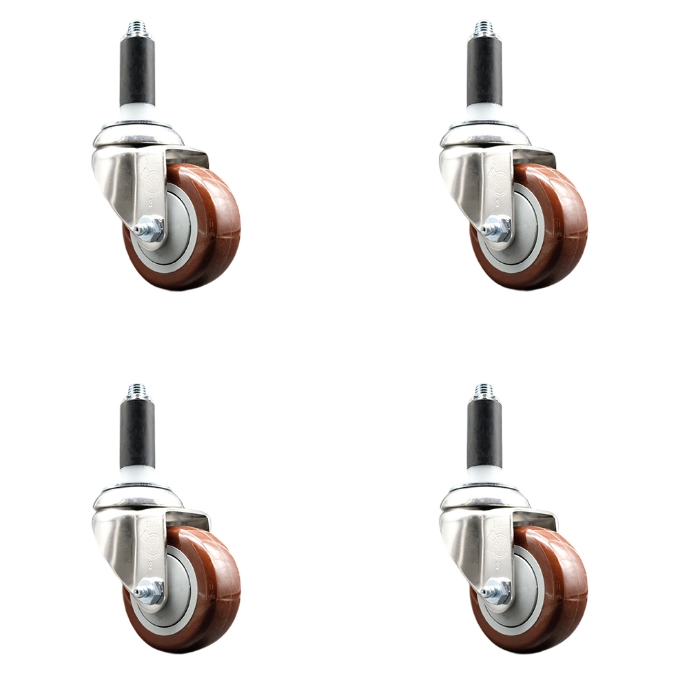 Polyurethane Swivel Stem Caster with 3 in. Maroon Caster Wheels, 1.13 in. Expanding Stems - 316 Stainless Steel Casters - Set of 4