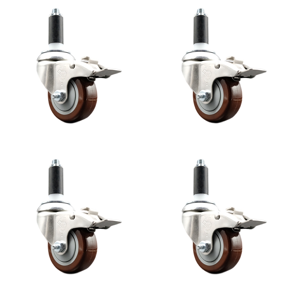Polyurethane Swivel Stem Caster with 3.5 in. Maroon Caster Wheels, 1.13 in. Expanding Stems - 316 Stainless Steel Casters - Set of 4