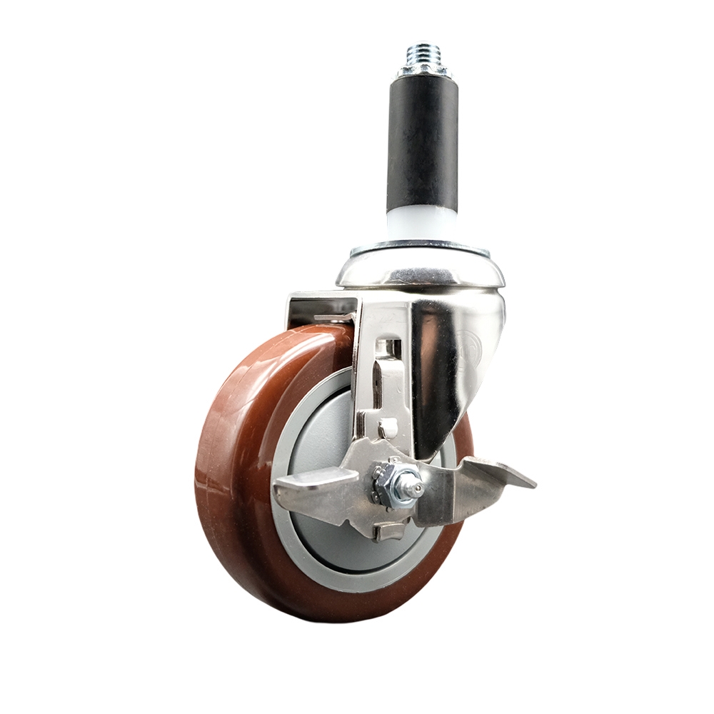 Polyurethane Swivel Stem Caster with 4 in. Maroon Caster Wheels & Top Lock Brake, 1.13 in. Expanding Stem - 316 Stainless Steel Caster