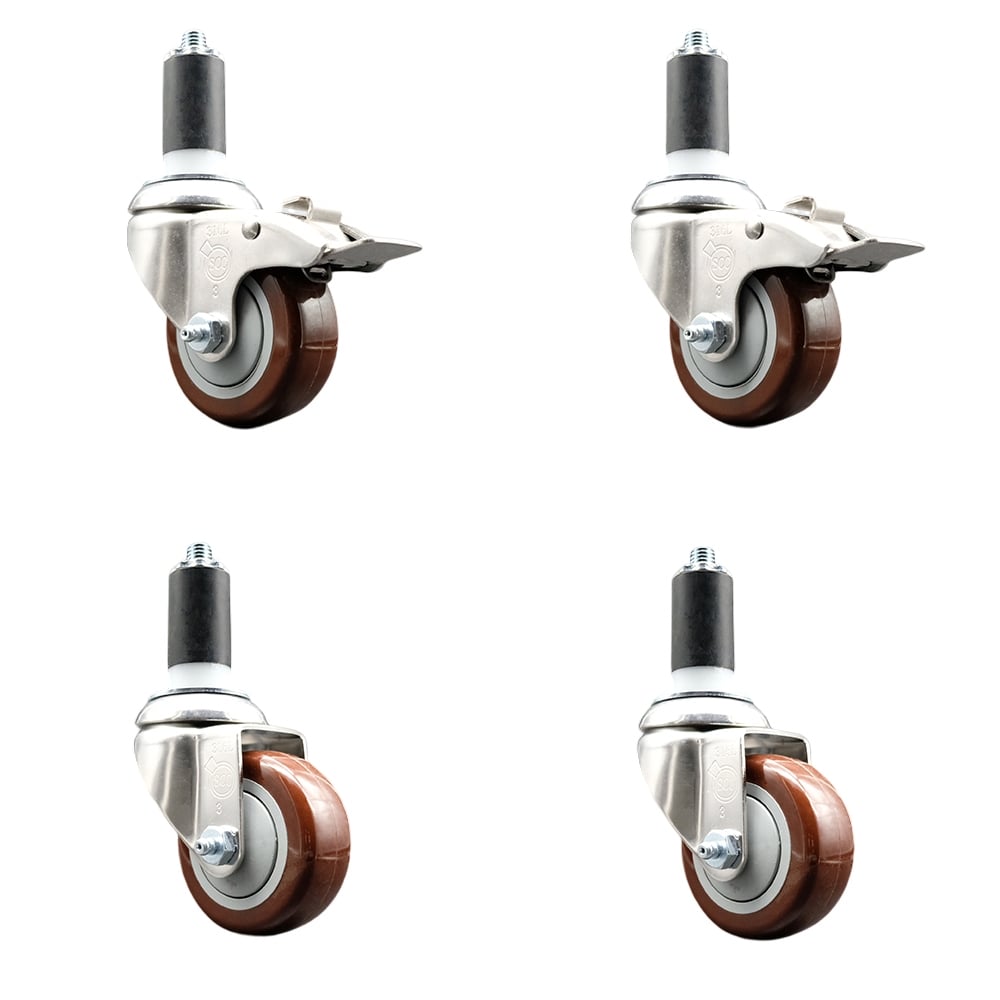 Polyurethane Swivel Stem Caster with 3 in. Maroon Caster Wheels, 1.25 in. Expanding Stem - 316 Stainless Steel Casters - Set of 4
