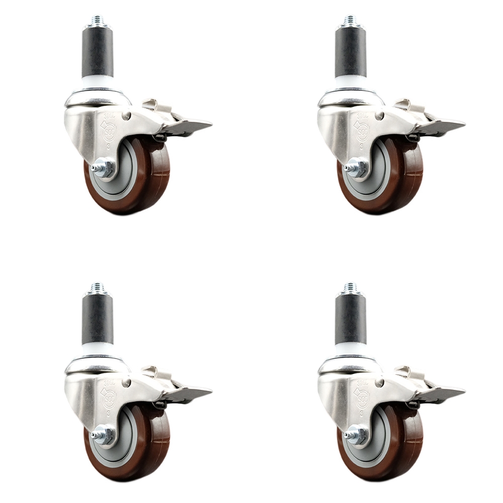 Polyurethane Swivel Stem Caster with 3.5 in. Maroon Caster Wheels, 1.25 in. Expanding Stems - 316 Stainless Steel Casters - Set of 4