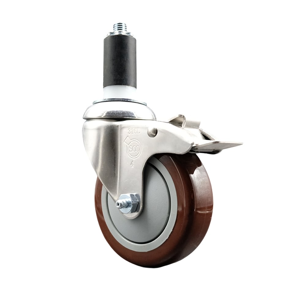 Polyurethane Swivel Stem Caster with 4 in. Maroon Caster Wheels & Total Lock Brake, 1.25 in. Expanding Stem - 316 Stainless Steel Caster