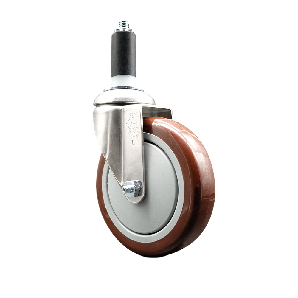 Polyurethane Swivel Stem Caster with 5 in. Maroon Caster Wheels, 1.25 in. Expanding Stem - 316 Stainless Steel Caster