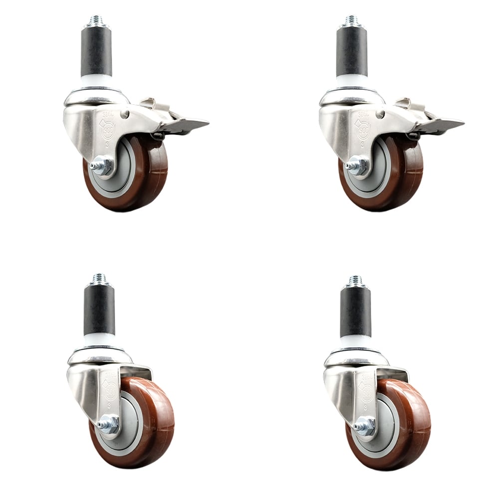 Polyurethane Swivel Stem Caster with 3 in. Maroon Caster Wheels, 1.38 in. Expanding Stem - 316 Stainless Steel Casters - Set of 4