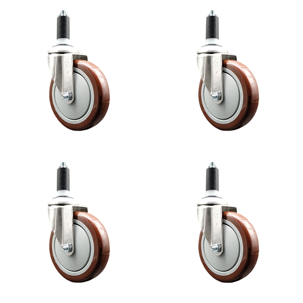 Polyurethane Swivel Stem Caster with 5 in. Maroon Caster Wheels, 1.38 in. Expanding Stems - 316 Stainless Steel Casters - Set of 4