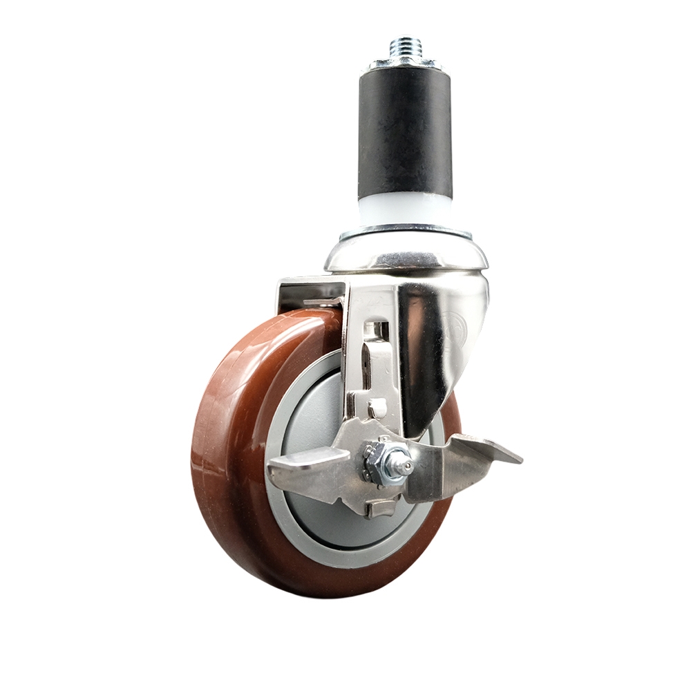 Polyurethane Swivel Stem Caster with 4 in. Maroon Caster Wheels & Top Lock Brake, 1.5 in. Expanding Stem - 316 Stainless Steel Caster