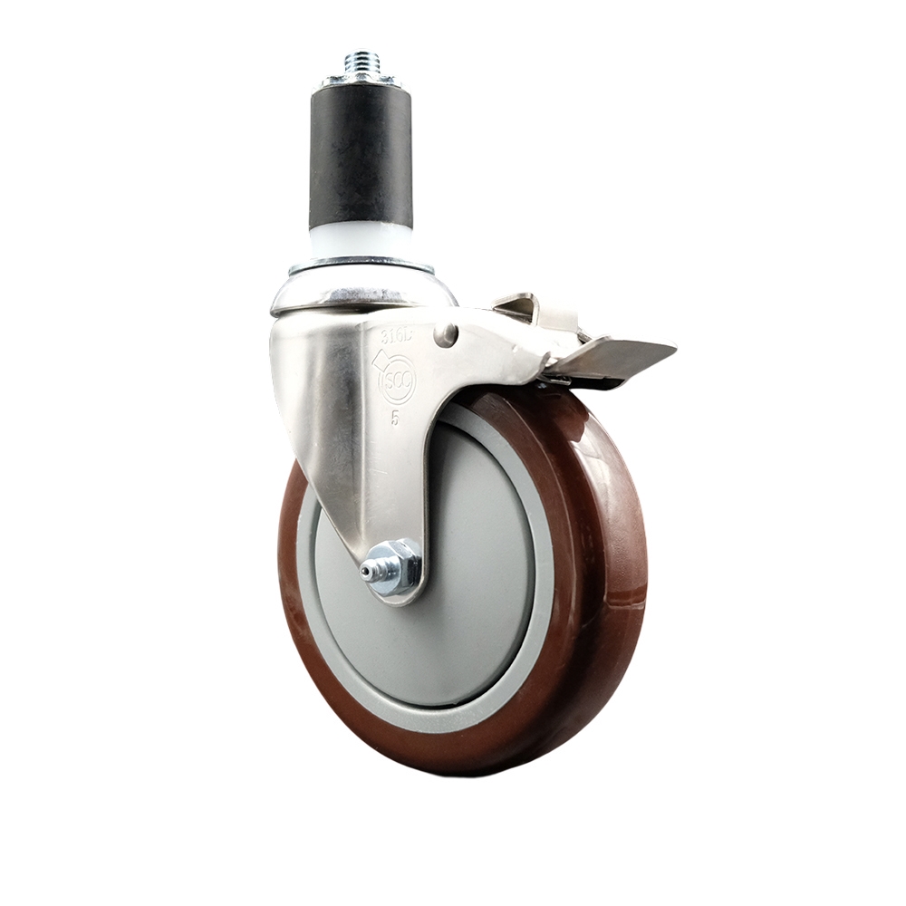 Polyurethane Swivel Stem Caster with 5 in. Maroon Caster Wheels & Total Lock Brake, 1.5 in. Expanding Stem - 316 Stainless Steel Caster