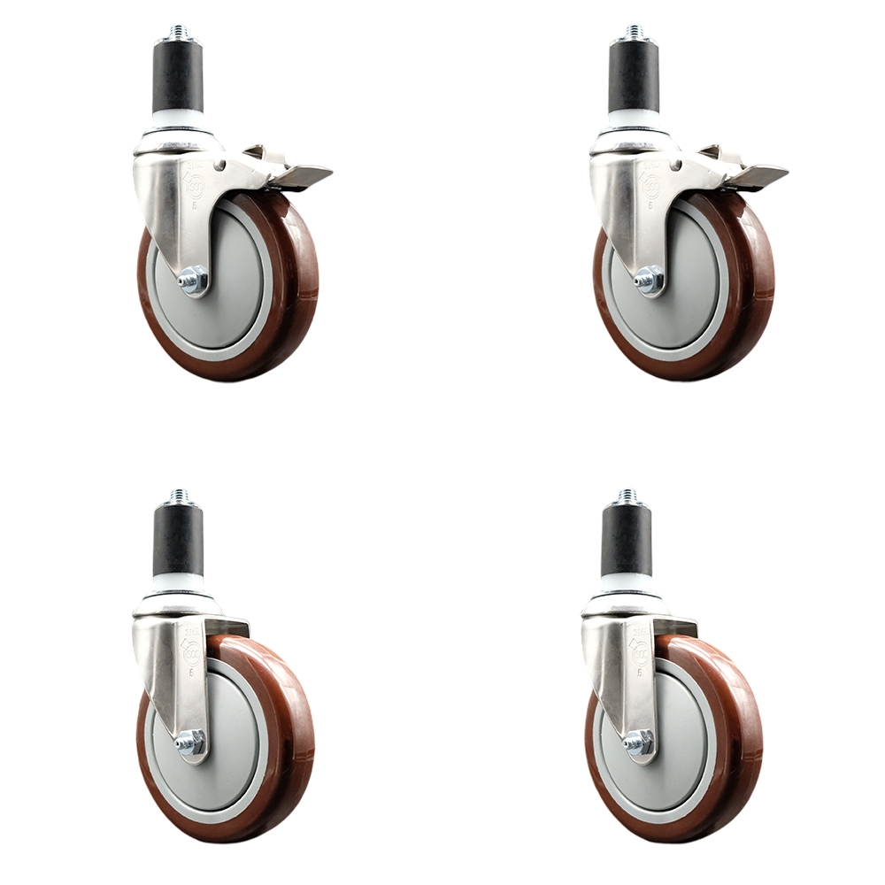 Polyurethane Swivel Stem Caster with 5 in. Maroon Caster Wheels, 1.5 in. Expanding Stem - 316 Stainless Steel Casters - Set of 4