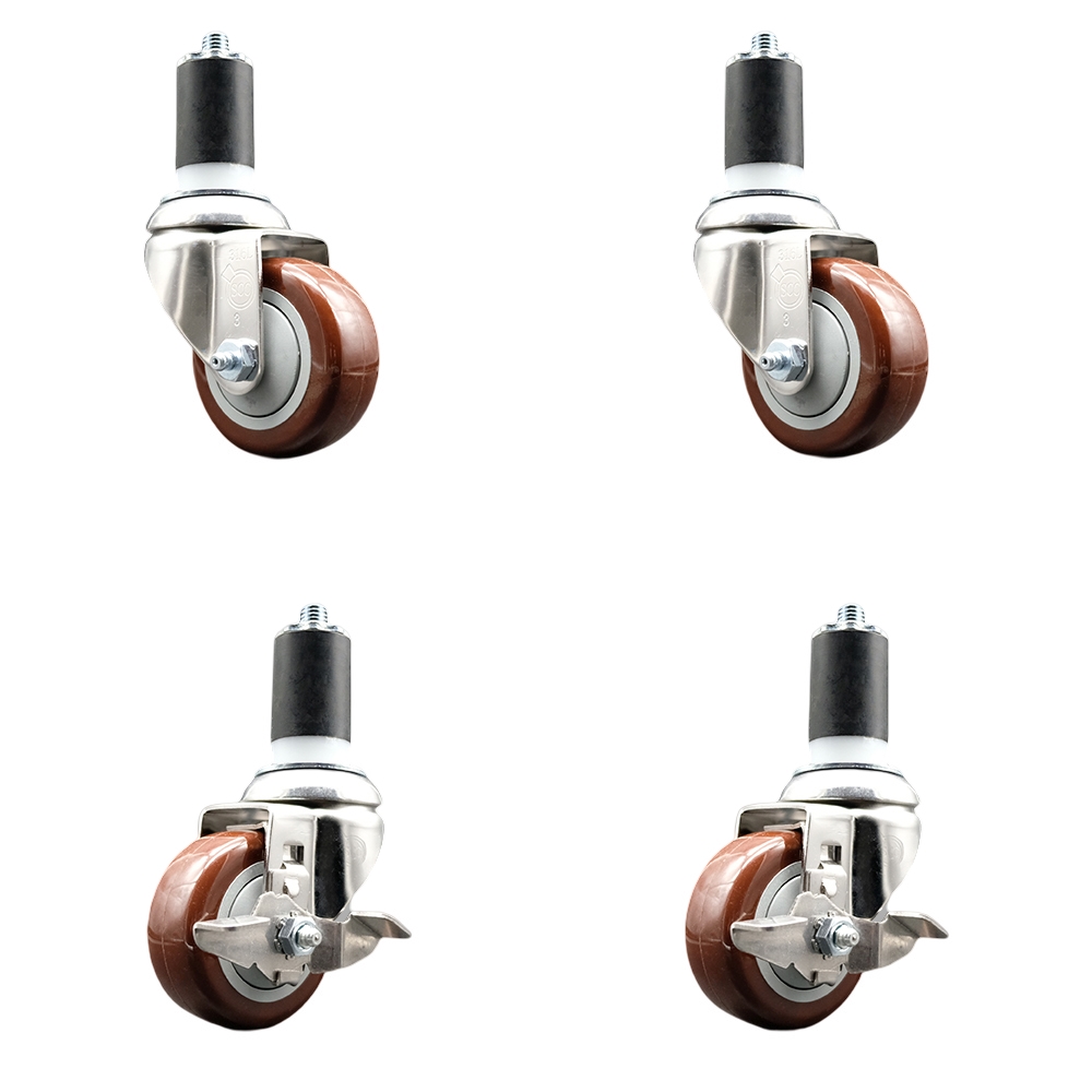 Polyurethane Swivel Stem Caster with 3 in. Maroon Caster Wheels, 1.63 in. Expanding Stems - 316 Stainless Steel Casters - Set of 4