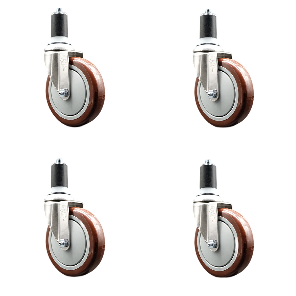 Polyurethane Swivel Stem Caster with 5 in. Maroon Caster Wheels, 1.63 in. Expanding Stems - 316 Stainless Steel Casters - Set of 4