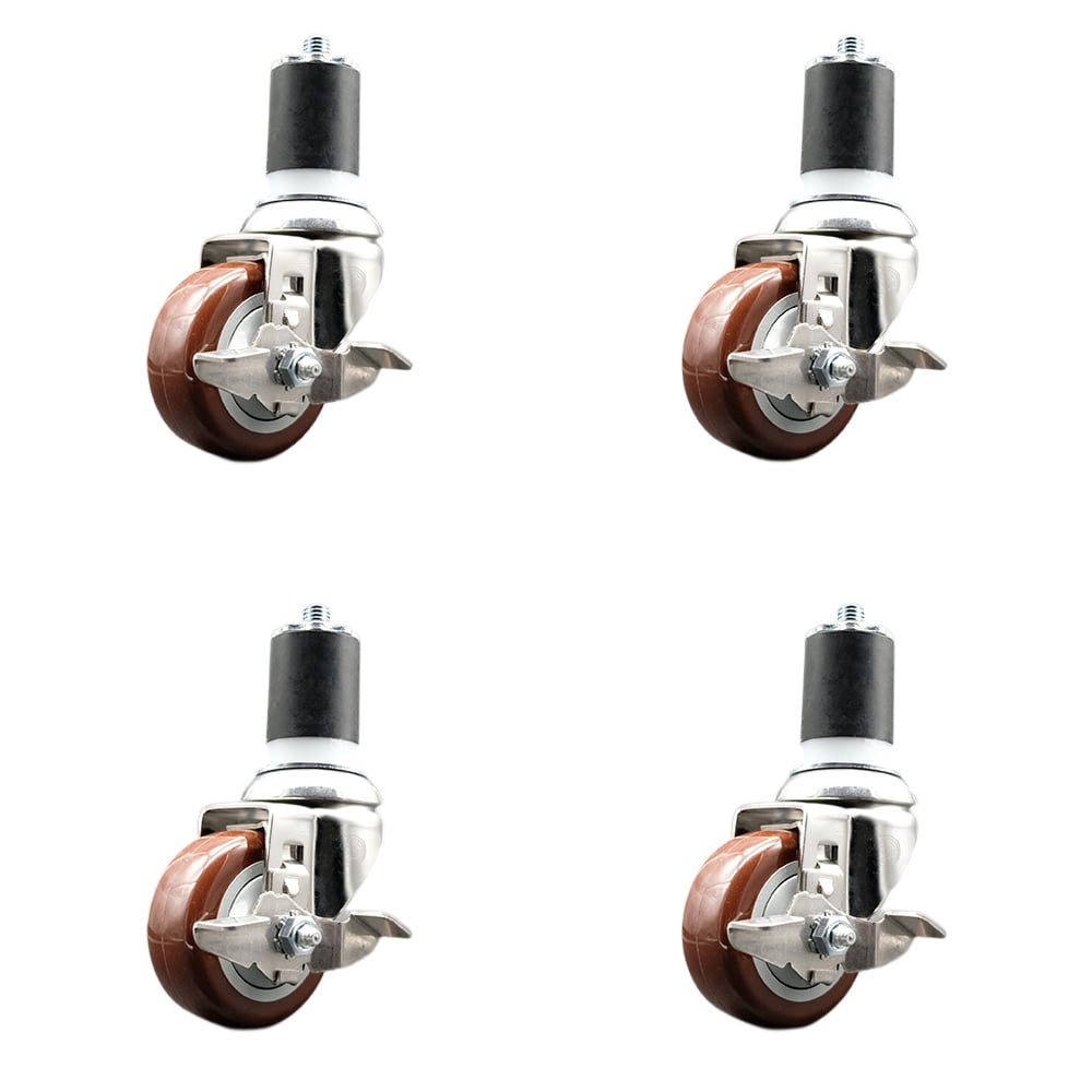 Polyurethane Swivel Stem Caster with 3 in. Maroon Caster Wheels, 1.75 in. Expanding Stems - 316 Stainless Steel Casters - Set of 4