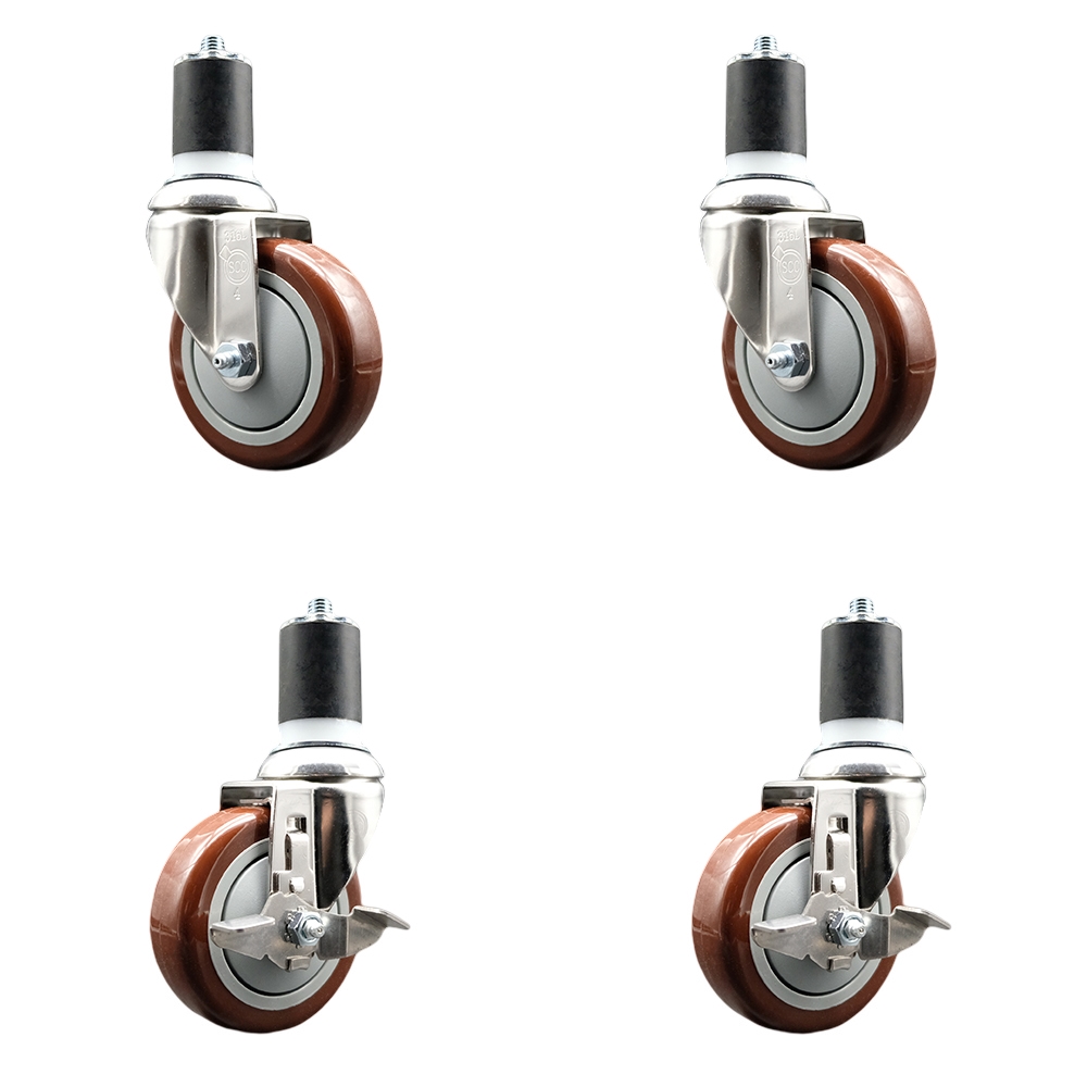 Polyurethane Swivel Stem Caster with 4 in. Maroon Caster Wheels, 1.75 in. Expanding Stems - 316 Stainless Steel Casters - Set of 4
