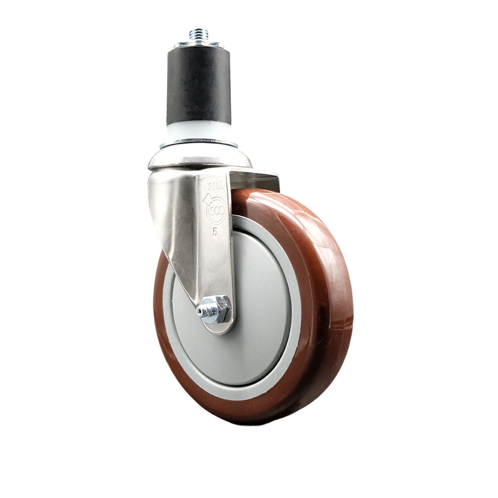 Polyurethane Swivel Stem Caster with 5 in. Maroon Caster Wheels, 1.75 in. Expanding Stem - 316 Stainless Steel Caster