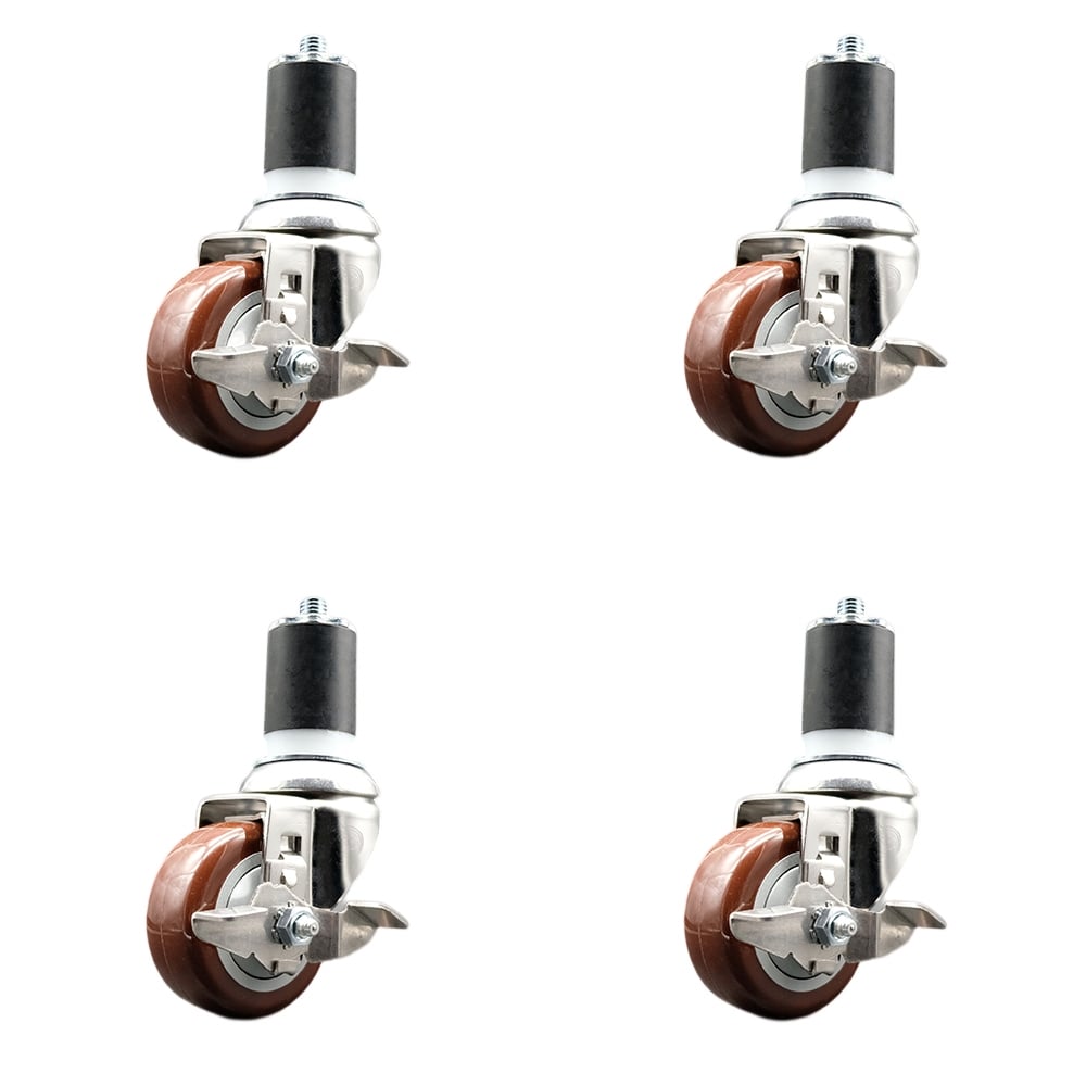 Polyurethane Swivel Stem Caster with 3 in. Maroon Caster Wheels, 1.87 in. Expanding Stems - 316 Stainless Steel Casters - Set of 4
