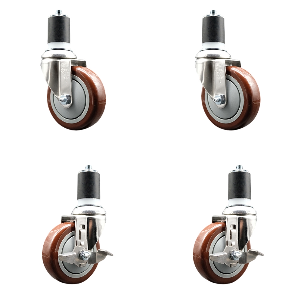 Polyurethane Swivel Stem Caster with 4 in. Maroon Caster Wheels, 1.87 in. Expanding Stems - 316 Stainless Steel Casters - Set of 4