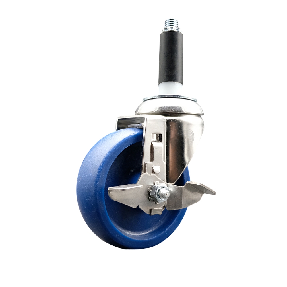 Solid Polyurethane Swivel Stem Caster with 4 in. Blue Caster Wheels & Top Lock Brake, 0.75 in. Expanding Stem - 316 Stainless Steel Caster
