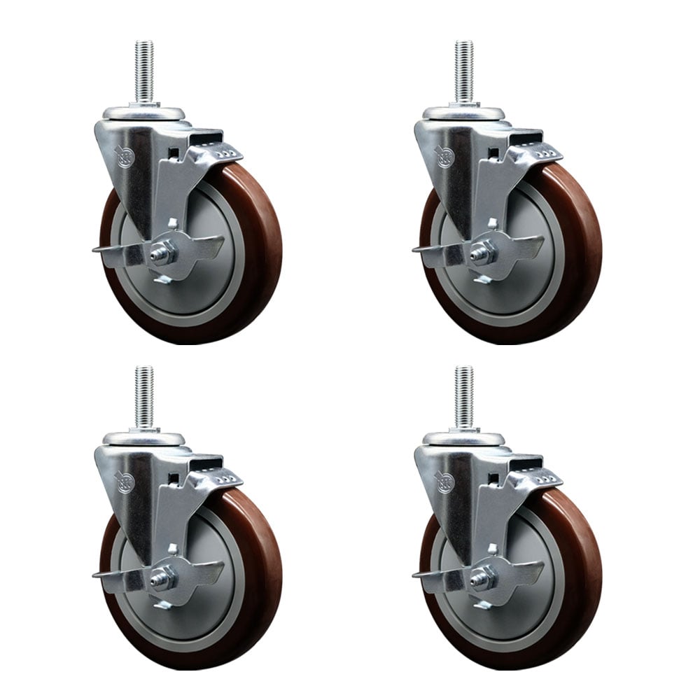 SCC-TS20S514-PPUB-MRN-TLB-58212-4 Polyurethane Swivel Threaded Stem Caster with 5 x 1.25 in. Maroon Wheels & 0.63 in. Stems - Set of 4