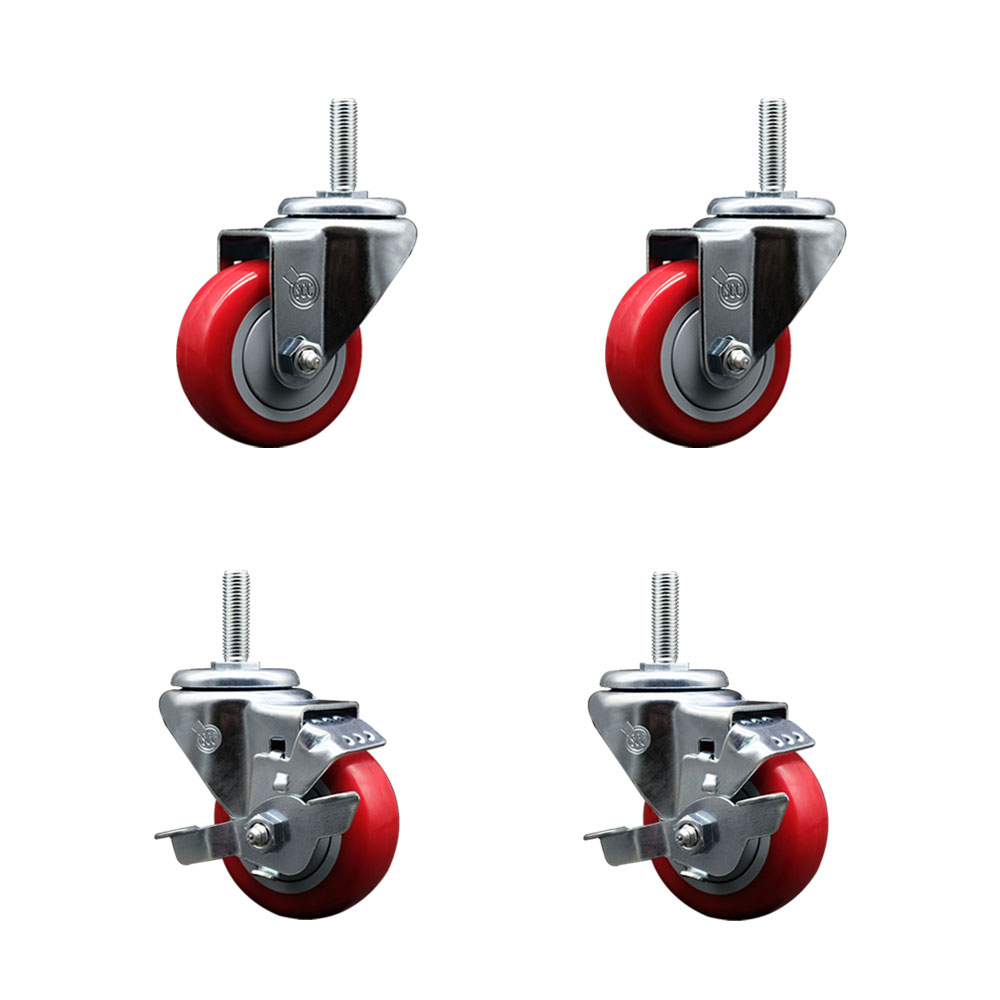 SCC-TS20S314-PPUB-RED-34212-2-TLB-2 Polyurethane Swivel Threaded Stem Caster with 3 x 1.25 in. Red Wheels & 0.75 in. Stems - Set of 4