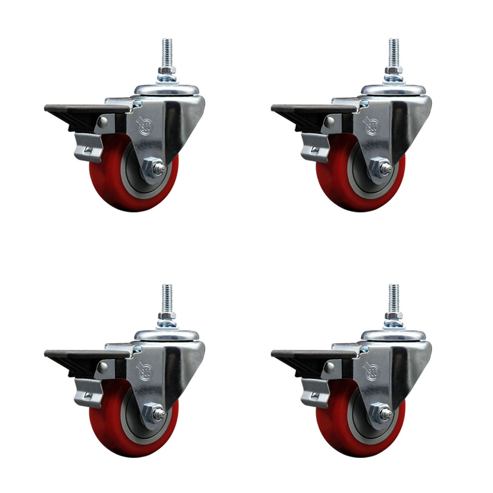 SCC-TS20S314-PPUB-RED-PLB-381615-4 Polyurethane Swivel Threaded Stem Caster with 3 x 1.25 in. Red Wheels & 0.38 in. Stems - Set of 4