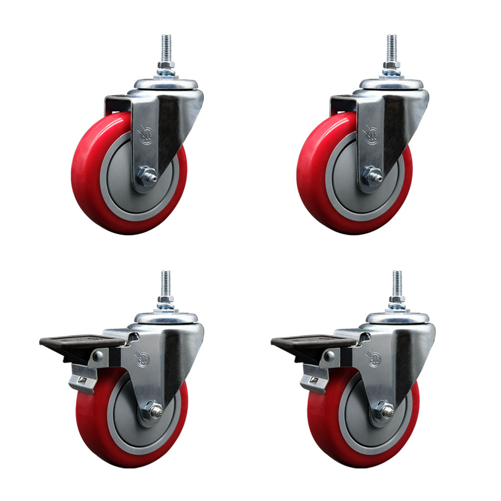 SCC-TS20S414-PPUB-RED-381615-2-PLB-2 Polyurethane Swivel Threaded Stem Caster with 4 x 1.25 in. Red Wheels & 0.38 in. Stems - Set of 4