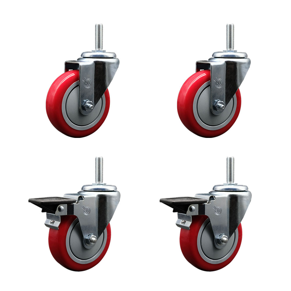 SCC-TS20S414-PPUB-RED-58212-2-PLB-2 Polyurethane Swivel Threaded Stem Caster with 4 x 1.25 in. Red Wheels & 0.63 in. Stems - Set of 4