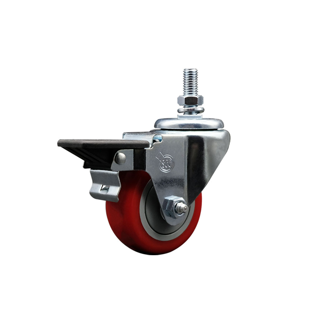 SCC-TS20S314-PPUB-RED-PLB-M1015 Polyurethane Swivel Threaded Stem Caster with 3 x 1.25 in. Red Wheel & 10 mm Stem & Posi Locking Brake