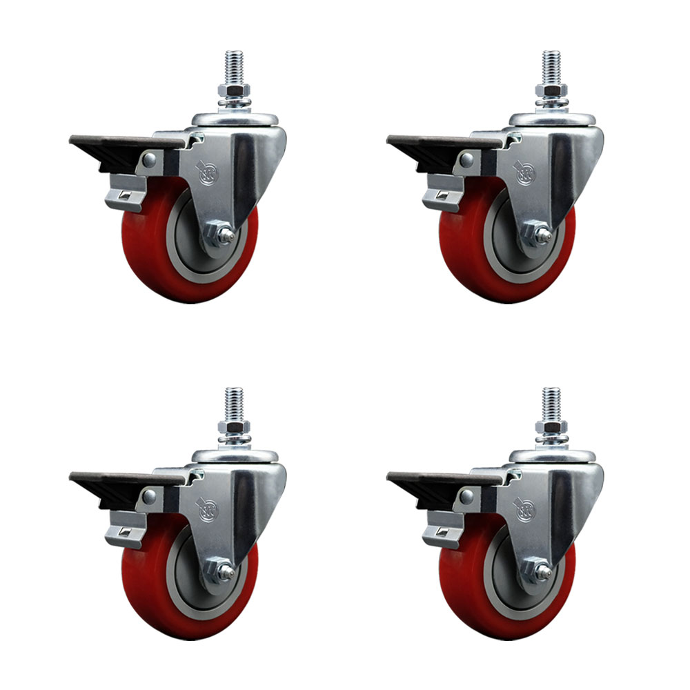 SCC-TS20S3514-PPUB-RED-PLB-M1015-4 Polyurethane Swivel Threaded Stem Caster with 3.5 x 1.25 in. Red Wheels & 10 mm Stems - Set of 4