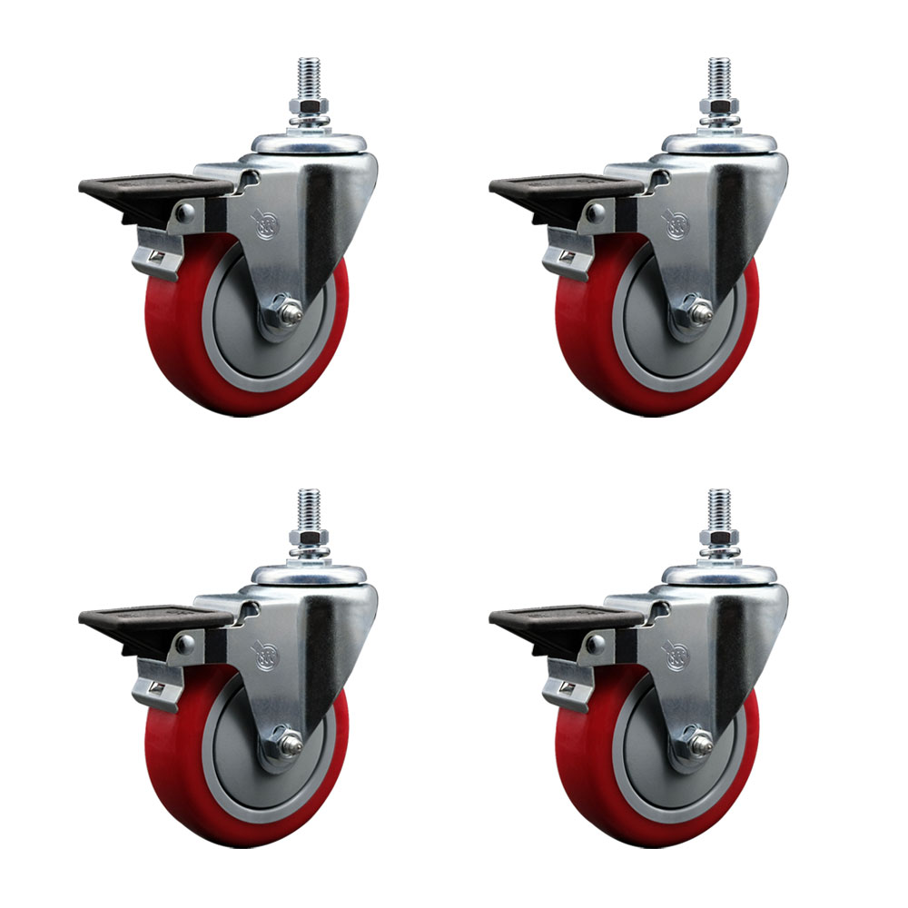 SCC-TS20S414-PPUB-RED-PLB-M1015-4 Polyurethane Swivel Threaded Stem Caster with 4 x 1.25 in. Red Wheels & 10 mm Stems - Set of 4