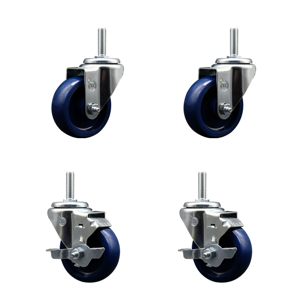 SCC-TS20S3514-SPUS-34212-2-TLB-2 Solid Polyurethane Swivel Threaded Stem Caster with 3.5 x 1.25 in. Blue Wheels & 0.75 in. Stems - Set of 4