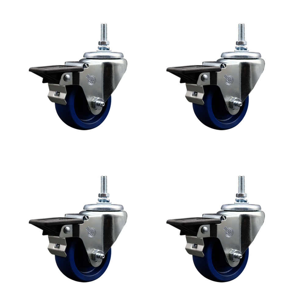 SCC-TS20S314-SPUS-PLB-381615-4 Solid Polyurethane Swivel Threaded Stem Caster with 3 x 1.25 in. Blue Wheels & 0.38 in. Stems - Set of 4